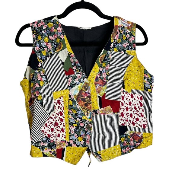 Vintage‎ Patchwork Vest Women’s M Boho Artsy Cotton Lace-Up Eclectic Hippie - Picture 1 of 3